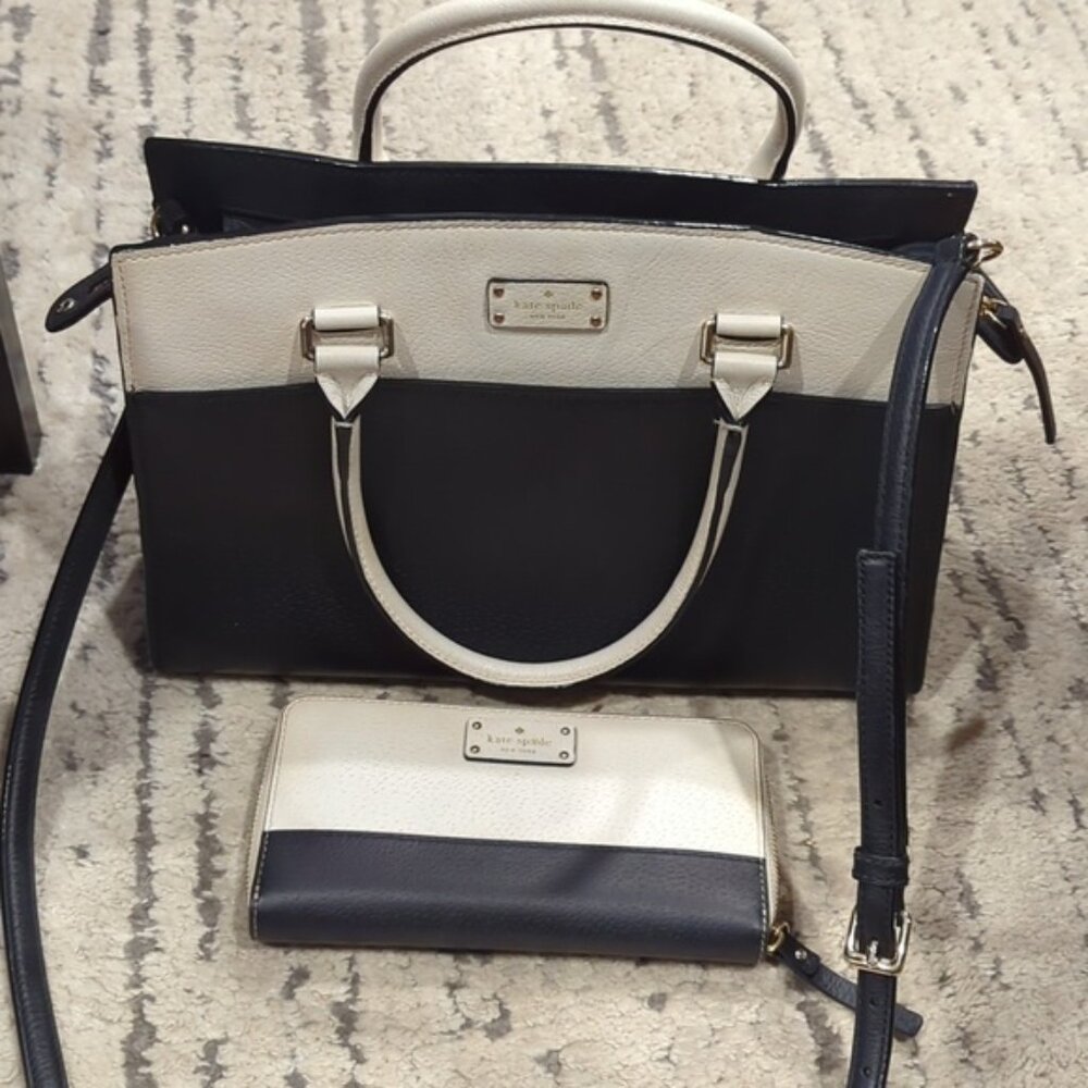Kate Spade Combo Grove Street Caley Satchel Purse & Wallet Blk & Off White